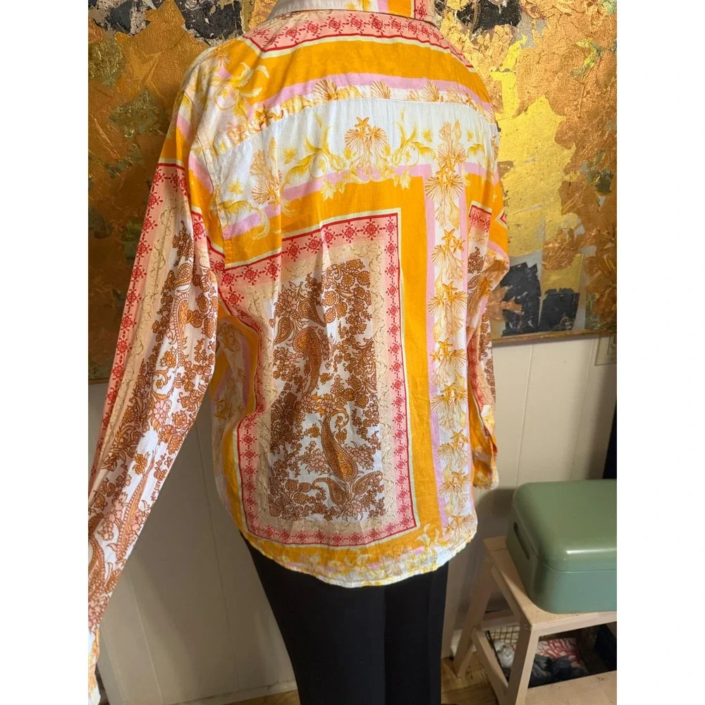 Calypso St. Barth Tropical Cotton Paisley & Shell Print Long Sleeve Blouse XL - Picture 5 of 8